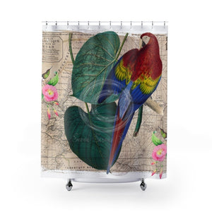 Tropical Exotic Parrot Floral Map Art Shower Curtain 71 × 74 Home Decor