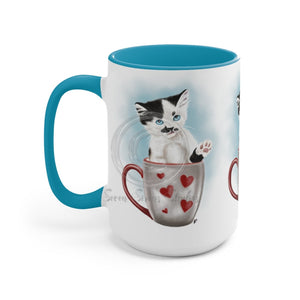 Tuxedo Kitten In A Cup Art Two-Tone Coffee Mugs 15Oz / Light Blue Mug