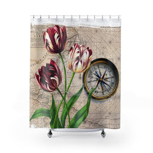 Vintage Tulip Compass Map Art Shower Curtain 71 × 74 Home Decor
