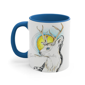White Deer And Sun Ink Art Accent Coffee Mug 11Oz Blue /