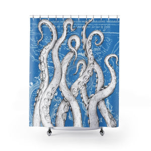 White Funky Tentacles Ii Ink Blue Vintage Map Art Shower Curtains 71 X 74 Home Decor