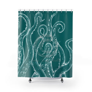 White Funky Tentacles Ii Ink Teal Art Shower Curtains 71 X 74 Home Decor