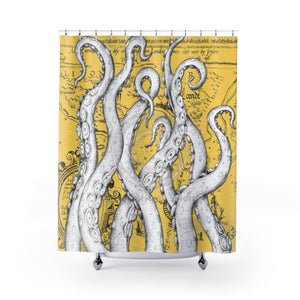 White Funky Tentacles Ii Ink Yellow Vintage Map Art Shower Curtains 71 X 74 Home Decor