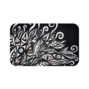 White Ink Floral Abstract Pattern On Black Bath Mat Large 34X21 Home Decor