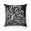 White Ink Floral Abstract Pattern On Black Square Pillow 14X14 Home Decor