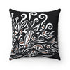 White Ink Floral Abstract Pattern On Black Square Pillow Home Decor