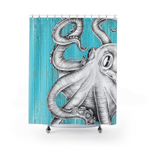 White Kraken Octopus Teal Shower Curtain 71 × 74 Home Decor