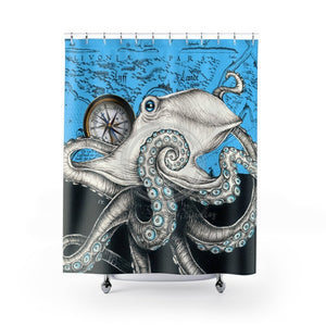 White Octopus Compass Blue Ink Shower Curtain 71 X 74 Home Decor