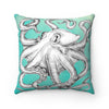 White Octopus Ink Teal Square Pillow Home Decor