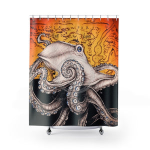 White Octopus Sun Vintage Map Ink Shower Curtain 71 X 74 Home Decor