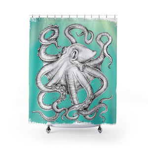 White Octopus Teal Ink Shower Curtain 71 X 74 Home Decor