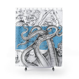 White Octopus Tentacles Kraken Blue Vintage Map Shower Curtains 71 X 74 Home Decor