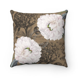 White Peonies Brown Floral Chic Square Pillow 14X14 Home Decor