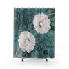 White Peonies Dark Aquamarine Floral Chic Shower Curtain 71X74 Home Decor