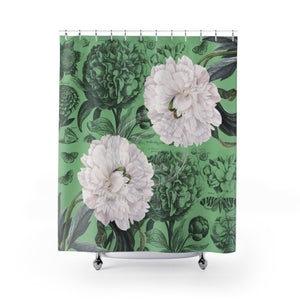 White Peonies Green Floral Chic Shower Curtain 71X74 Home Decor
