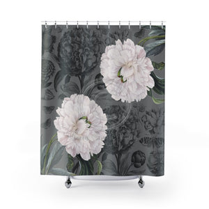 White Peonies Grey Floral Chic Shower Curtain 71X74 Home Decor