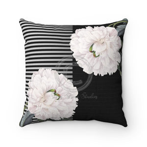 White Peonies Piano Stripes Bw Square Pillow 14X14 Home Decor