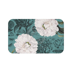 White Peonies Teal Chic Bath Mat Large 34X21 Home Decor