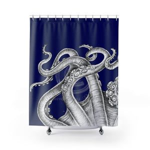 White Tentacles Octopus Kraken Navy Blue Ink Art Shower Curtain 71 × 74 Home Decor