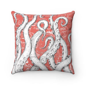 White Tentacles Octopus Vintage Map Coral Red Square Pillow 14 X Home Decor